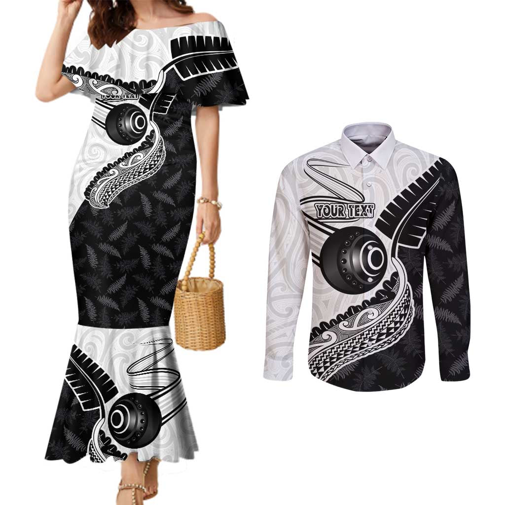 Personalised Aotearoa Lawn Bowls Couples Matching Mermaid Dress and Long Sleeve Button Shirt Maori and Silver Fern Half Style - Polynesian Pride