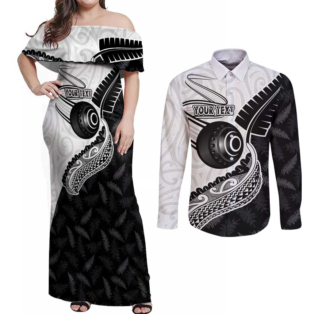 Personalised Aotearoa Lawn Bowls Couples Matching Off Shoulder Maxi Dress and Long Sleeve Button Shirt Maori and Silver Fern Half Style - Polynesian Pride
