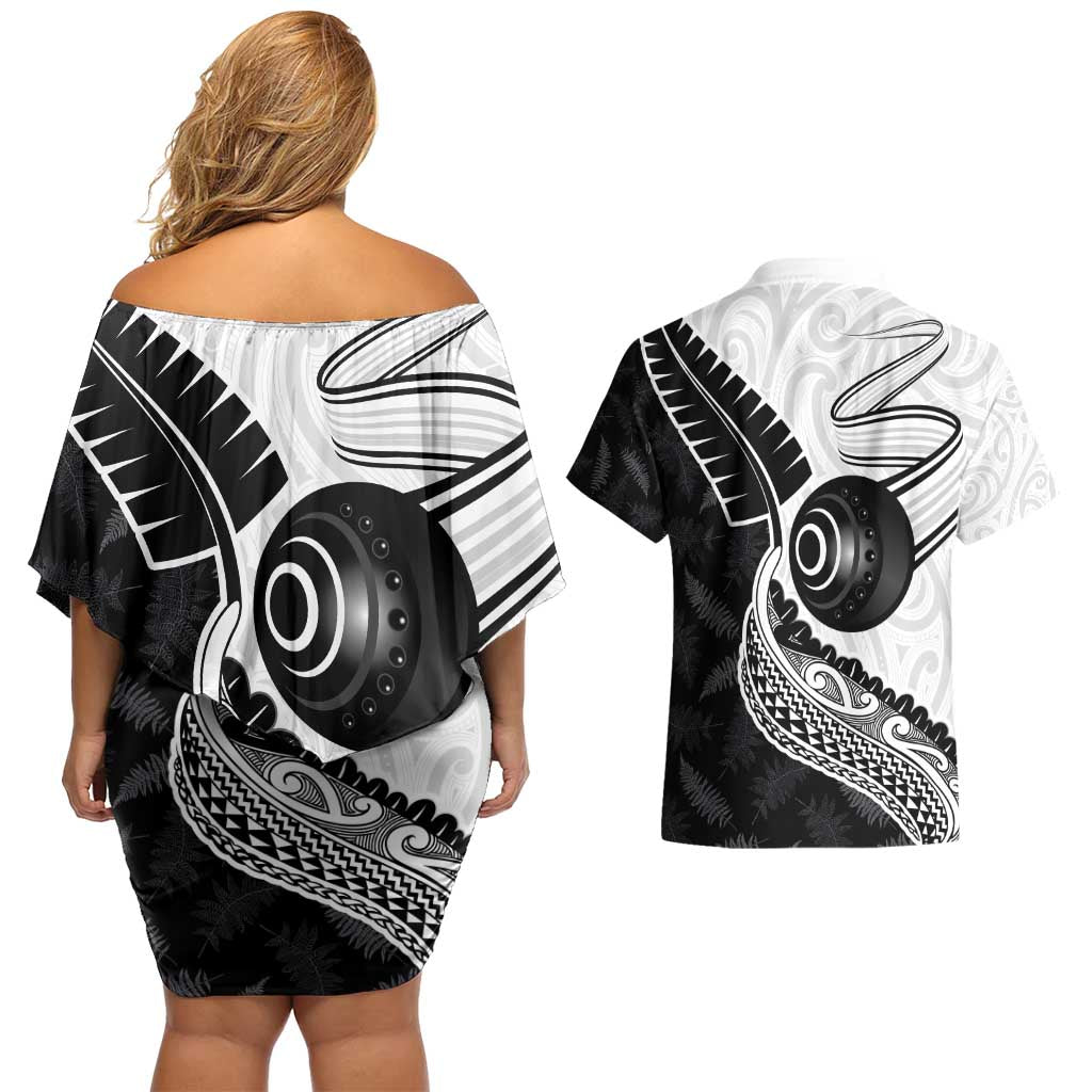 Personalised Aotearoa Lawn Bowls Couples Matching Off Shoulder Short Dress and Hawaiian Shirt Maori and Silver Fern Half Style - Polynesian Pride