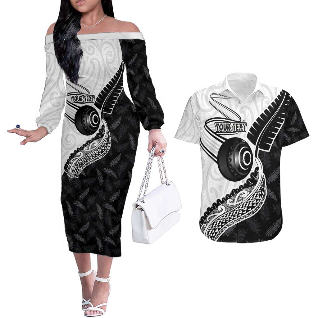 Personalised Aotearoa Lawn Bowls Couples Matching Off The Shoulder Long Sleeve Dress and Hawaiian Shirt Maori and Silver Fern Half Style - Polynesian Pride