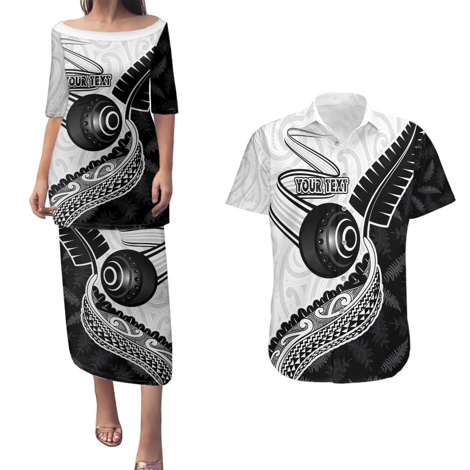 Personalised Aotearoa Lawn Bowls Couples Matching Puletasi and Hawaiian Shirt Maori and Silver Fern Half Style - Polynesian Pride