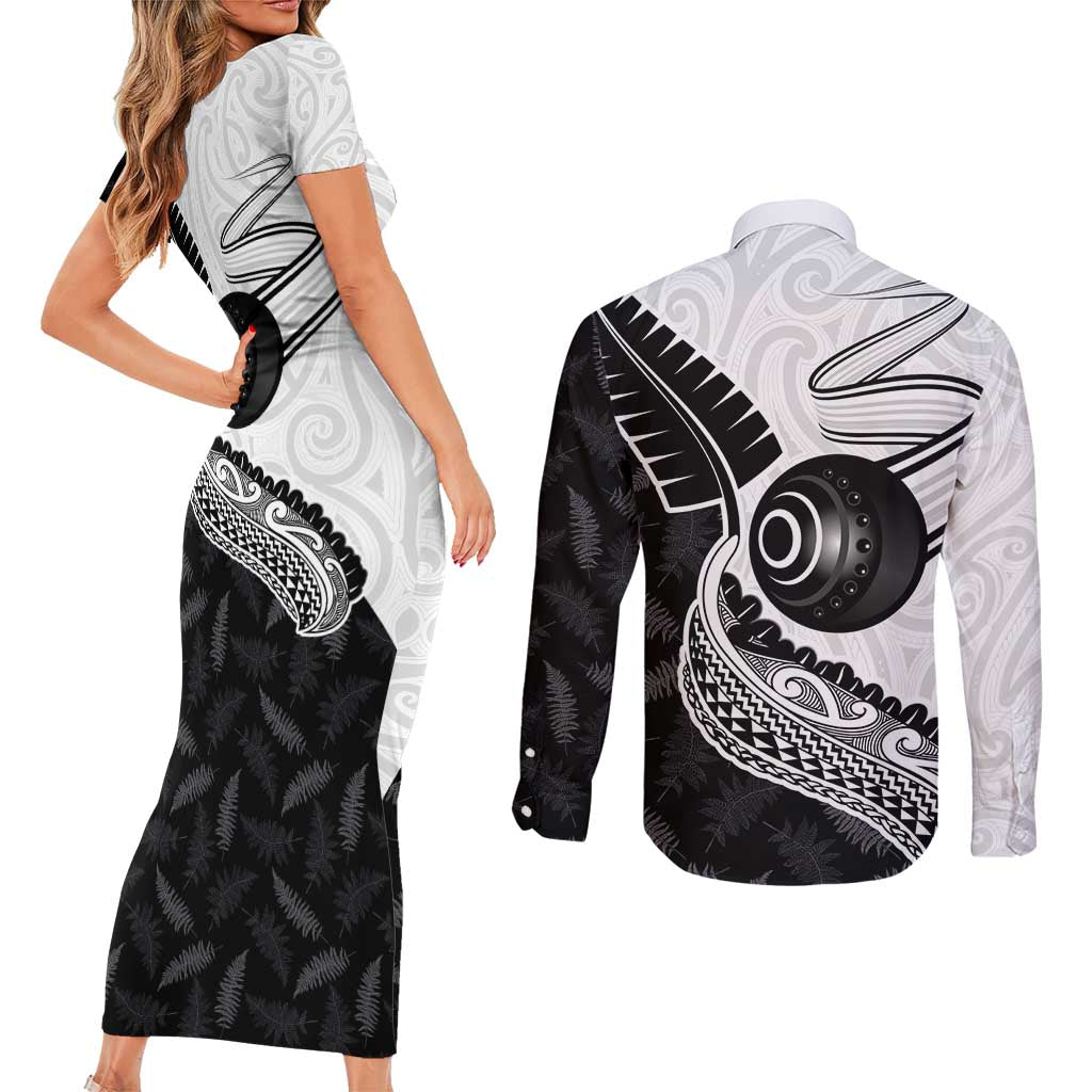 Personalised Aotearoa Lawn Bowls Couples Matching Short Sleeve Bodycon Dress and Long Sleeve Button Shirt Maori and Silver Fern Half Style - Polynesian Pride