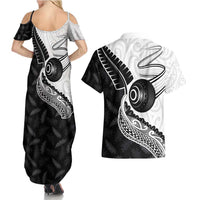 Personalised Aotearoa Lawn Bowls Couples Matching Summer Maxi Dress and Hawaiian Shirt Maori and Silver Fern Half Style - Polynesian Pride