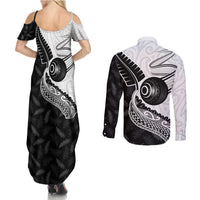 Personalised Aotearoa Lawn Bowls Couples Matching Summer Maxi Dress and Long Sleeve Button Shirt Maori and Silver Fern Half Style - Polynesian Pride