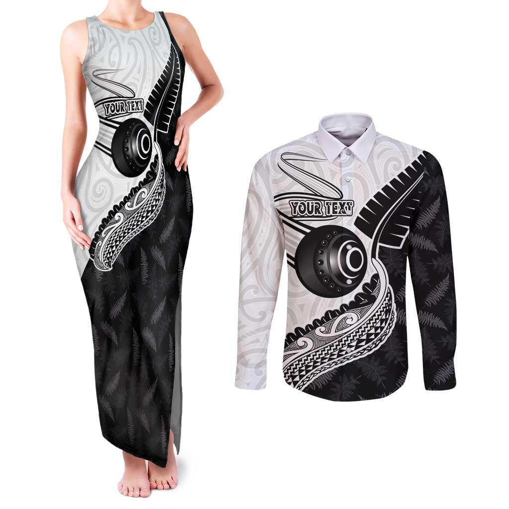 Personalised Aotearoa Lawn Bowls Couples Matching Tank Maxi Dress and Long Sleeve Button Shirt Maori and Silver Fern Half Style - Polynesian Pride