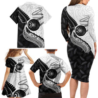 Personalised Aotearoa Lawn Bowls Family Matching Long Sleeve Bodycon Dress and Hawaiian Shirt Maori and Silver Fern Half Style - Polynesian Pride