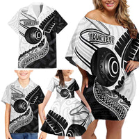 Personalised Aotearoa Lawn Bowls Family Matching Off Shoulder Short Dress and Hawaiian Shirt Maori and Silver Fern Half Style - Polynesian Pride