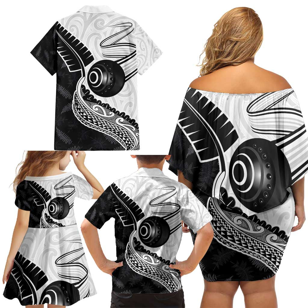 Personalised Aotearoa Lawn Bowls Family Matching Off Shoulder Short Dress and Hawaiian Shirt Maori and Silver Fern Half Style - Polynesian Pride