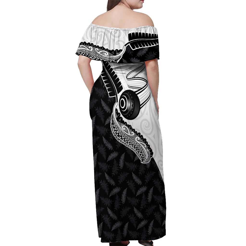 Personalised Aotearoa Lawn Bowls Off Shoulder Maxi Dress Maori and Silver Fern Half Style - Polynesian Pride