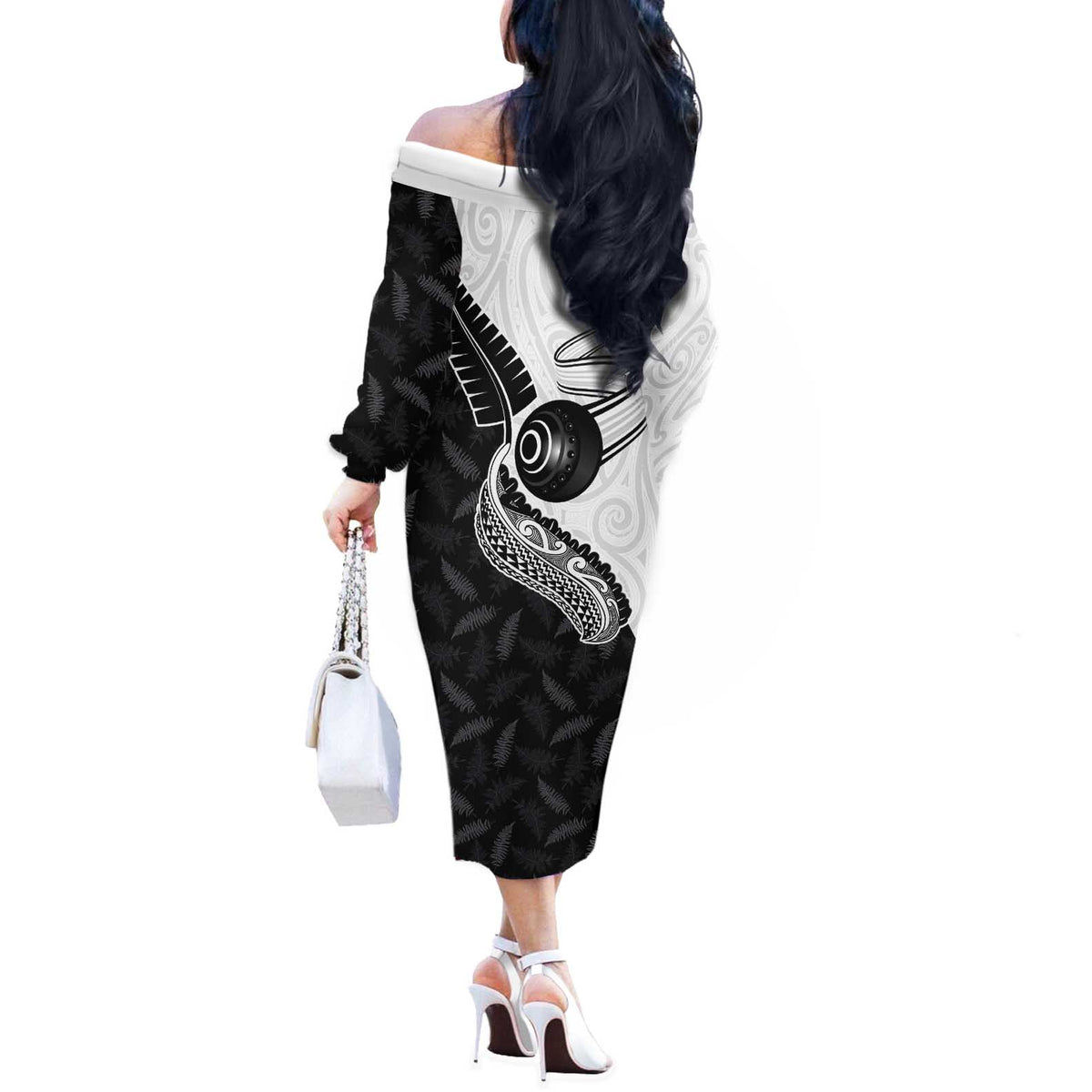 Personalised Aotearoa Lawn Bowls Off The Shoulder Long Sleeve Dress Maori and Silver Fern Half Style - Polynesian Pride
