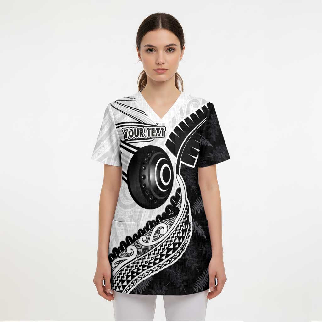 Personalised Aotearoa Lawn Bowls Scrub Top Maori and Silver Fern Half Style - Polynesian Pride
