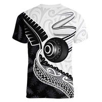 Personalised Aotearoa Lawn Bowls Women V-Neck T-Shirt Maori and Silver Fern Half Style - Polynesian Pride