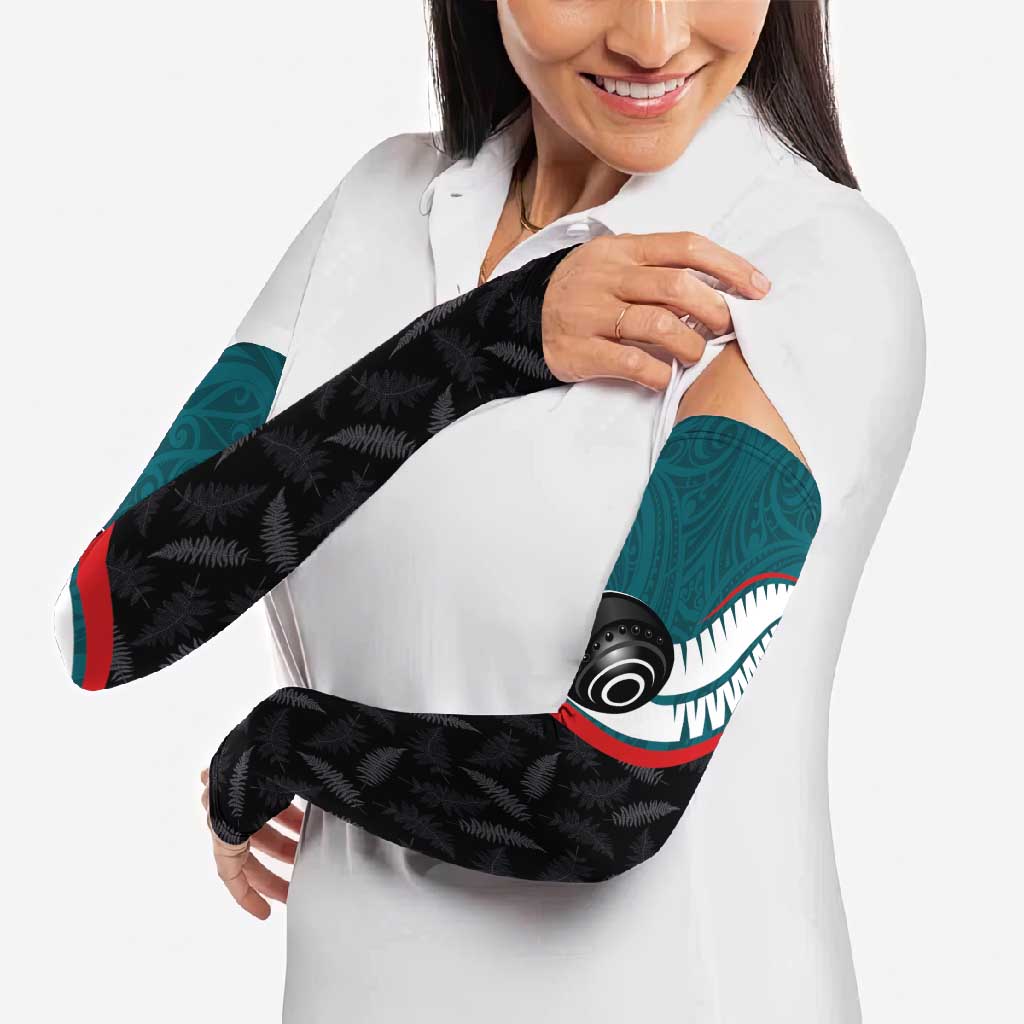 Personalised Aotearoa Lawn Bowls Arm Sleeves Maori and Silver Fern Sporty Style Teal Color - Polynesian Pride