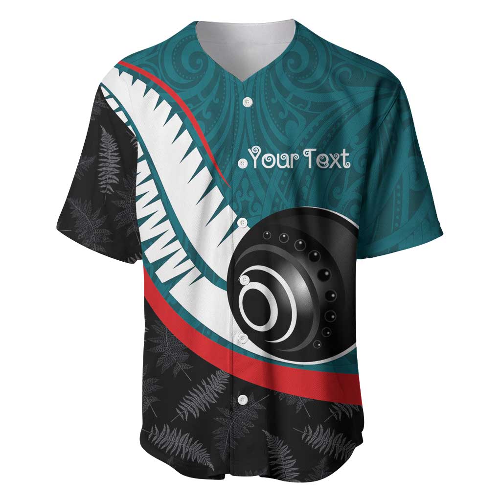 Personalised Aotearoa Lawn Bowls Baseball Jersey Maori and Silver Fern Sporty Style Teal Color - Polynesian Pride
