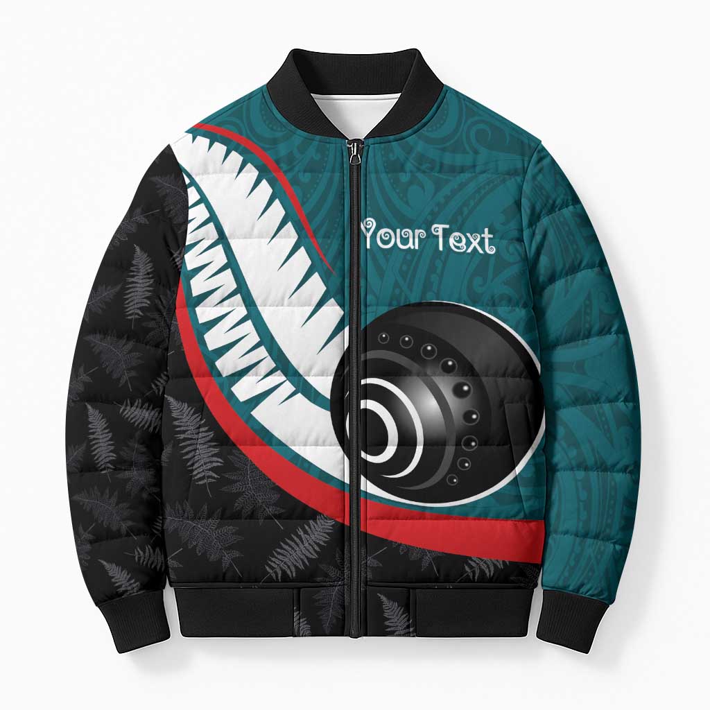 Personalised Aotearoa Lawn Bowls Bomber Puffer Jacket Maori and Silver Fern Sporty Style Teal Color - Polynesian Pride