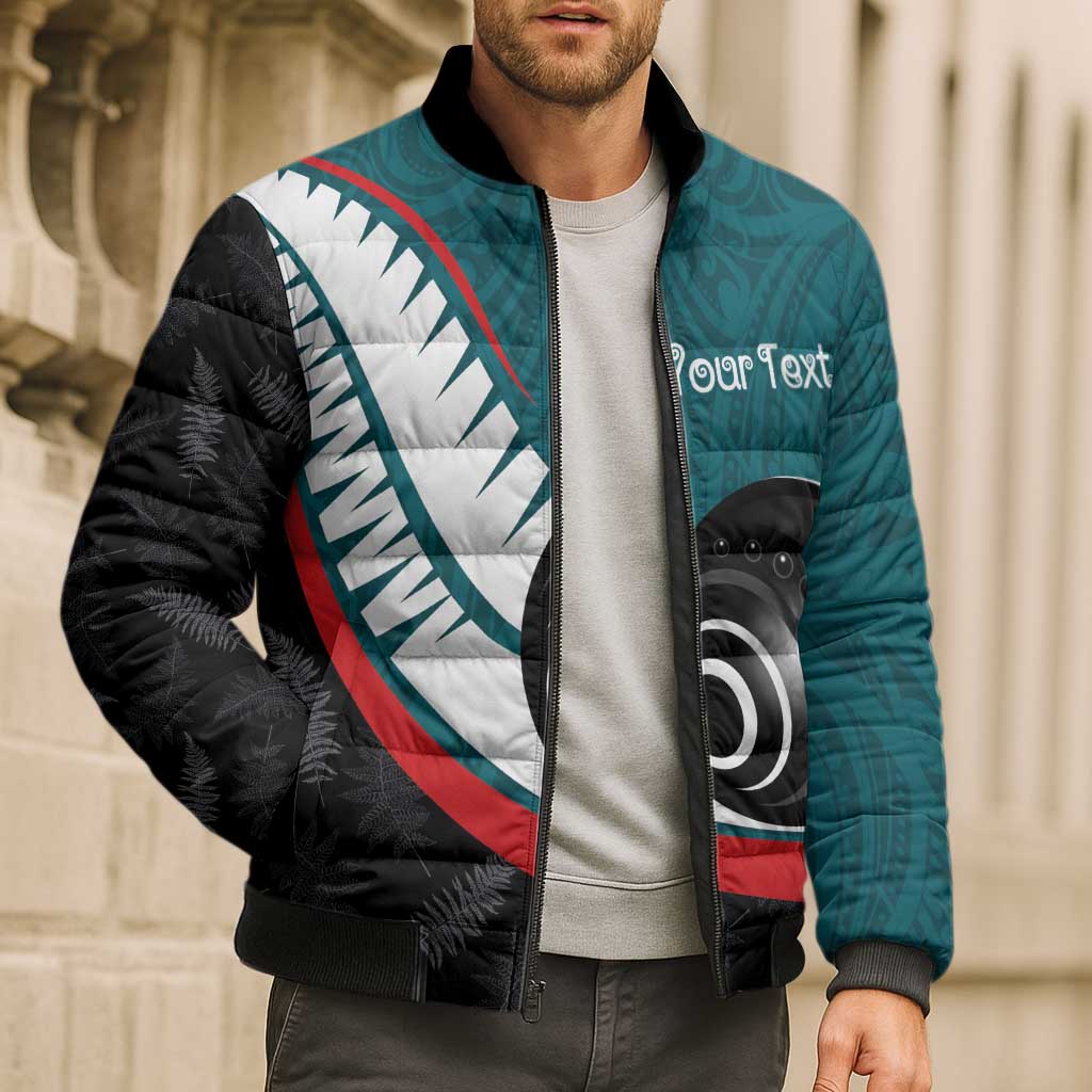 Personalised Aotearoa Lawn Bowls Bomber Puffer Jacket Maori and Silver Fern Sporty Style Teal Color - Polynesian Pride