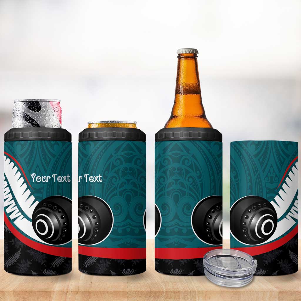 Personalised Aotearoa Lawn Bowls 4 in 1 Can Cooler Tumbler Maori and Silver Fern Sporty Style Teal Color - Polynesian Pride