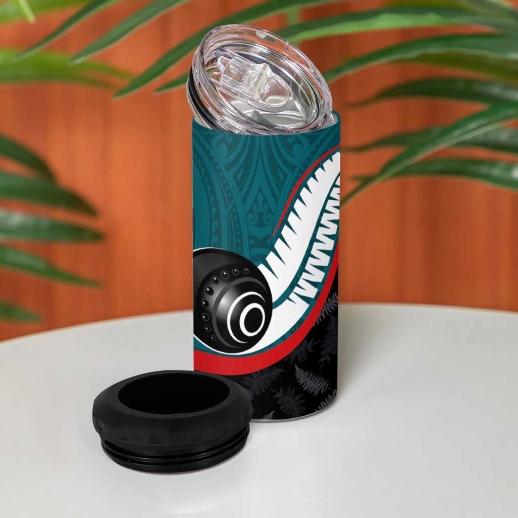 Personalised Aotearoa Lawn Bowls 4 in 1 Can Cooler Tumbler Maori and Silver Fern Sporty Style Teal Color - Polynesian Pride