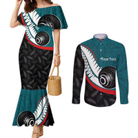 Personalised Aotearoa Lawn Bowls Couples Matching Mermaid Dress and Long Sleeve Button Shirt Maori and Silver Fern Sporty Style Teal Color - Polynesian Pride