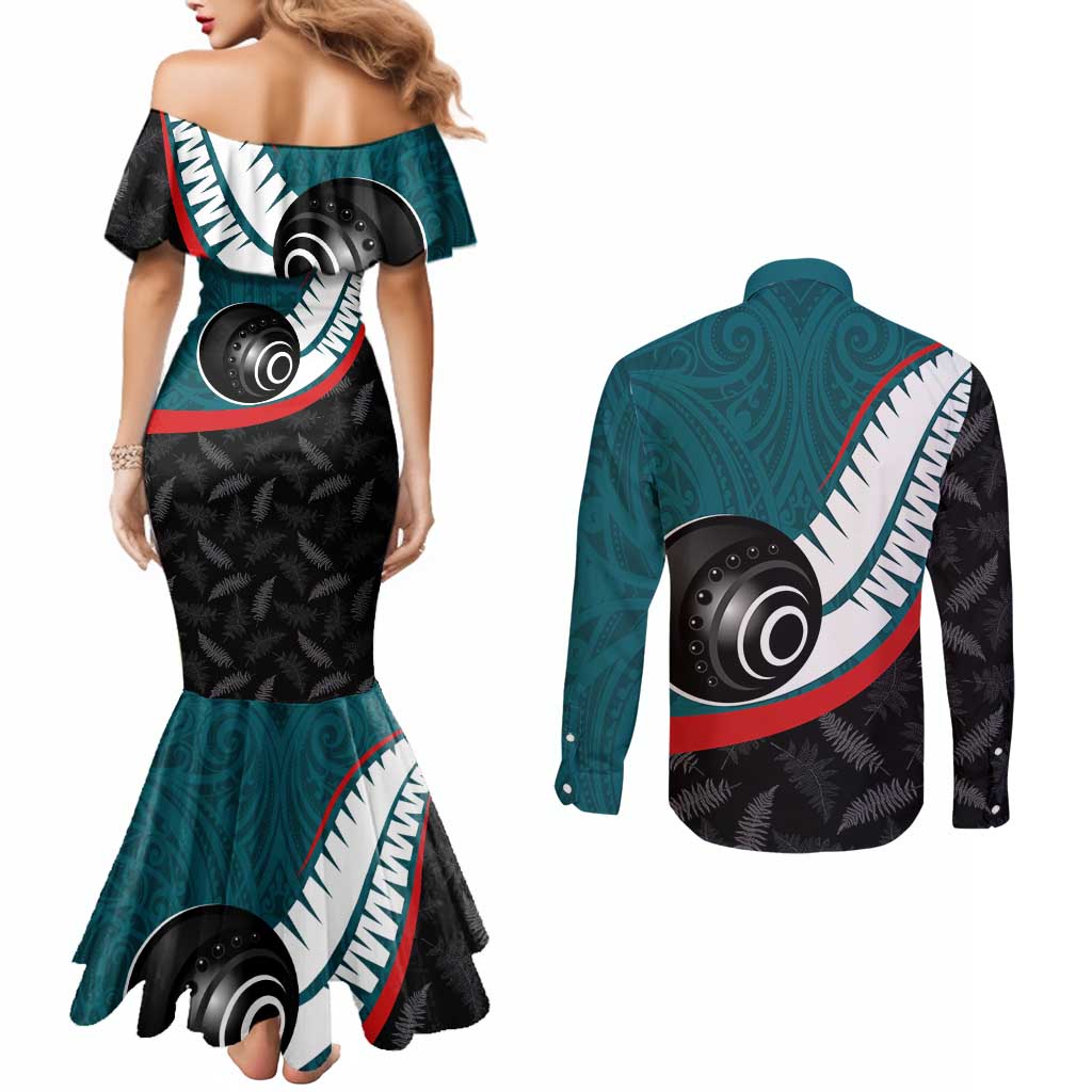 Personalised Aotearoa Lawn Bowls Couples Matching Mermaid Dress and Long Sleeve Button Shirt Maori and Silver Fern Sporty Style Teal Color - Polynesian Pride