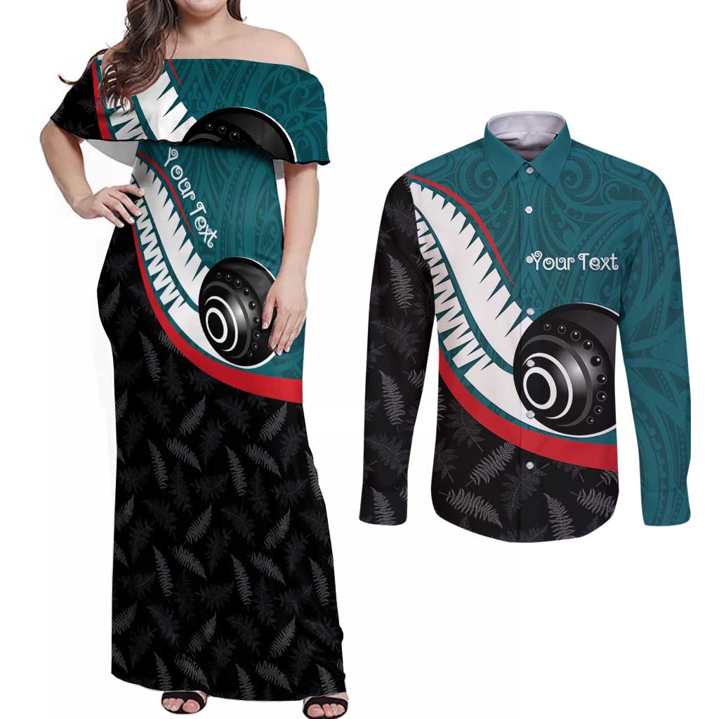 Personalised Aotearoa Lawn Bowls Couples Matching Off Shoulder Maxi Dress and Long Sleeve Button Shirt Maori and Silver Fern Sporty Style Teal Color - Polynesian Pride
