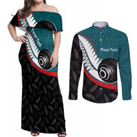 Personalised Aotearoa Lawn Bowls Couples Matching Off Shoulder Maxi Dress and Long Sleeve Button Shirt Maori and Silver Fern Sporty Style Teal Color - Polynesian Pride