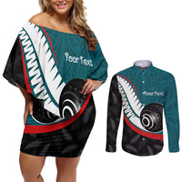 Personalised Aotearoa Lawn Bowls Couples Matching Off Shoulder Short Dress and Long Sleeve Button Shirt Maori and Silver Fern Sporty Style Teal Color - Polynesian Pride