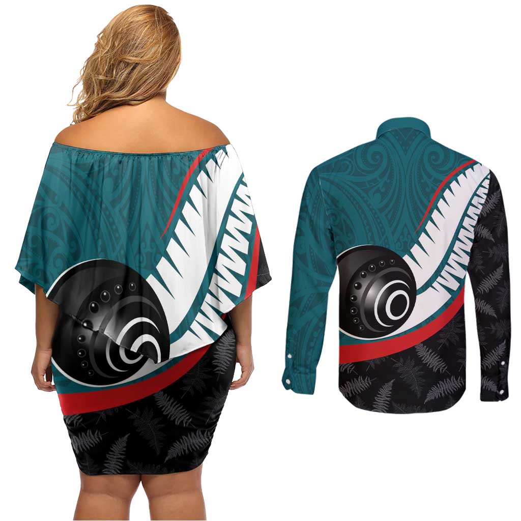 Personalised Aotearoa Lawn Bowls Couples Matching Off Shoulder Short Dress and Long Sleeve Button Shirt Maori and Silver Fern Sporty Style Teal Color - Polynesian Pride