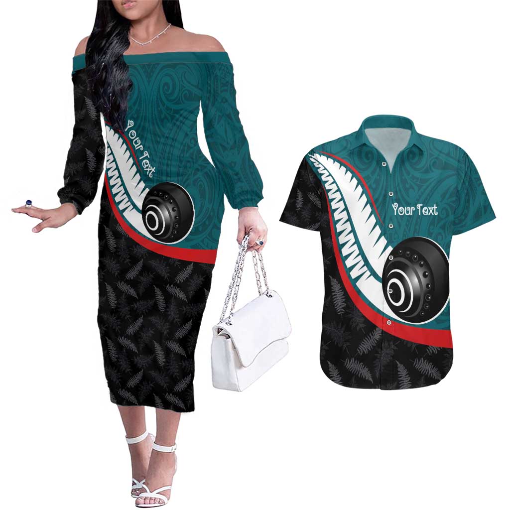 Personalised Aotearoa Lawn Bowls Couples Matching Off The Shoulder Long Sleeve Dress and Hawaiian Shirt Maori and Silver Fern Sporty Style Teal Color - Polynesian Pride
