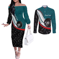 Personalised Aotearoa Lawn Bowls Couples Matching Off The Shoulder Long Sleeve Dress and Long Sleeve Button Shirt Maori and Silver Fern Sporty Style Teal Color - Polynesian Pride