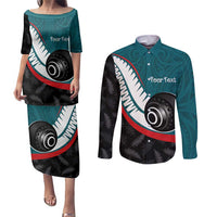 Personalised Aotearoa Lawn Bowls Couples Matching Puletasi and Long Sleeve Button Shirt Maori and Silver Fern Sporty Style Teal Color - Polynesian Pride