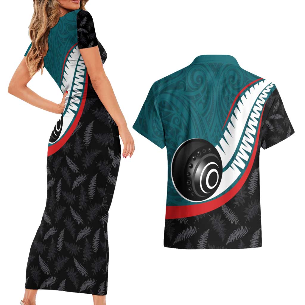 Personalised Aotearoa Lawn Bowls Couples Matching Short Sleeve Bodycon Dress and Hawaiian Shirt Maori and Silver Fern Sporty Style Teal Color - Polynesian Pride