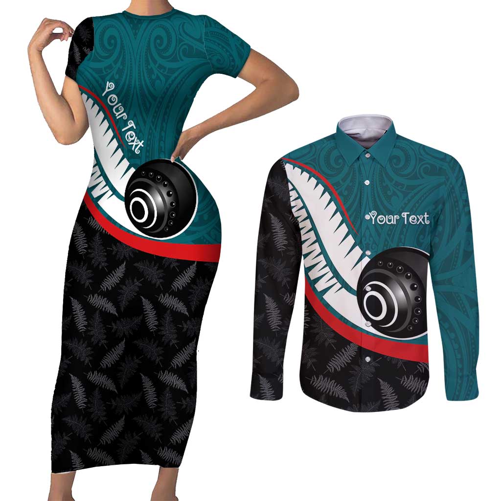 Personalised Aotearoa Lawn Bowls Couples Matching Short Sleeve Bodycon Dress and Long Sleeve Button Shirt Maori and Silver Fern Sporty Style Teal Color - Polynesian Pride