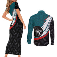 Personalised Aotearoa Lawn Bowls Couples Matching Short Sleeve Bodycon Dress and Long Sleeve Button Shirt Maori and Silver Fern Sporty Style Teal Color - Polynesian Pride