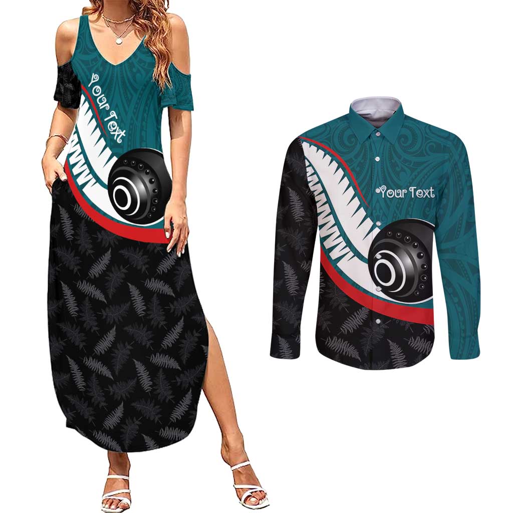 Personalised Aotearoa Lawn Bowls Couples Matching Summer Maxi Dress and Long Sleeve Button Shirt Maori and Silver Fern Sporty Style Teal Color - Polynesian Pride