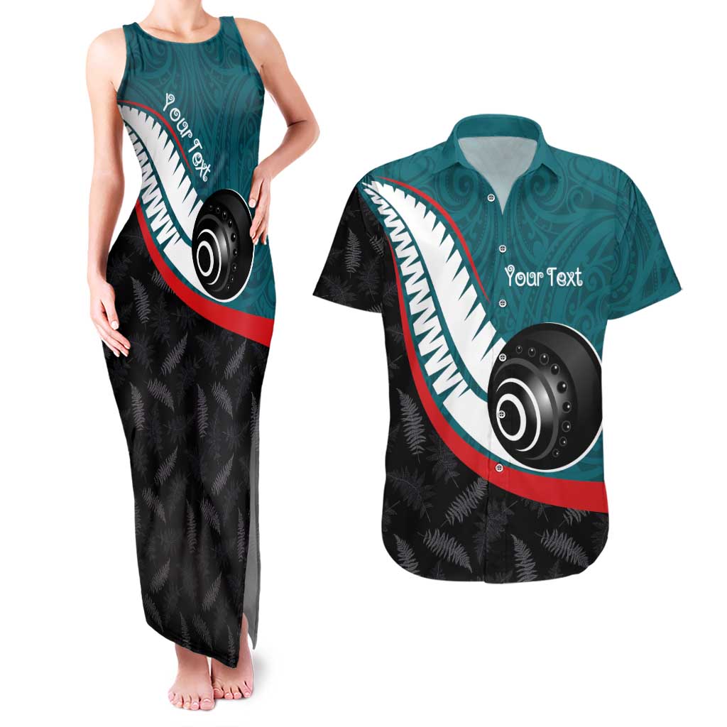 Personalised Aotearoa Lawn Bowls Couples Matching Tank Maxi Dress and Hawaiian Shirt Maori and Silver Fern Sporty Style Teal Color - Polynesian Pride