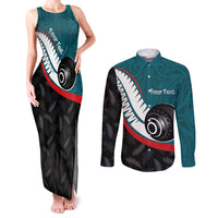 Personalised Aotearoa Lawn Bowls Couples Matching Tank Maxi Dress and Long Sleeve Button Shirt Maori and Silver Fern Sporty Style Teal Color - Polynesian Pride
