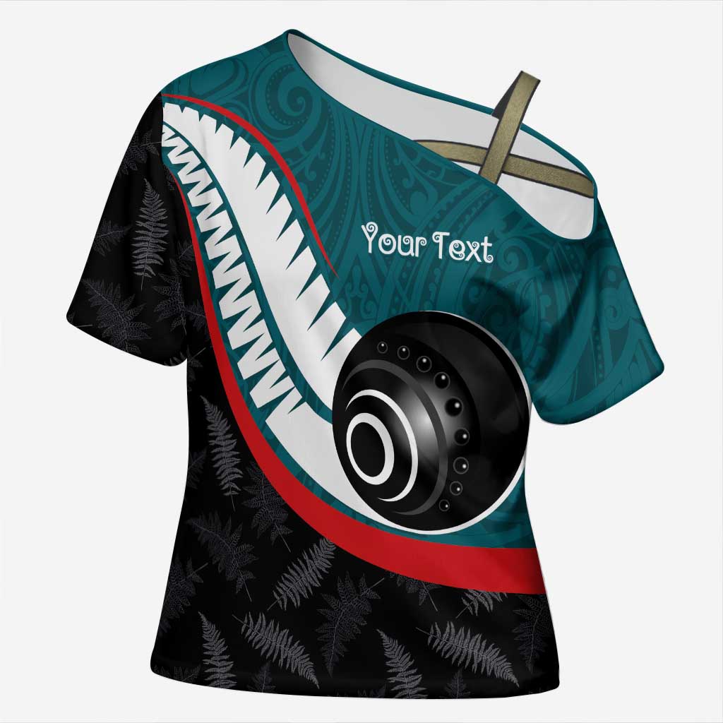 Personalised Aotearoa Lawn Bowls Cross Shoulder Shirt Maori and Silver Fern Sporty Style Teal Color - Polynesian Pride