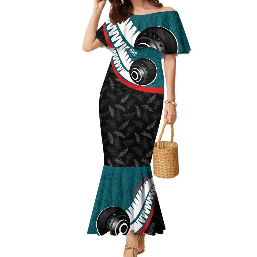 Personalised Aotearoa Lawn Bowls Family Matching Mermaid Dress and Hawaiian Shirt Maori and Silver Fern Sporty Style Teal Color - Polynesian Pride