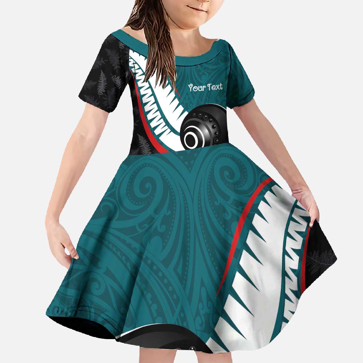 Personalised Aotearoa Lawn Bowls Family Matching Off The Shoulder Long Sleeve Dress and Hawaiian Shirt Maori and Silver Fern Sporty Style Teal Color - Polynesian Pride