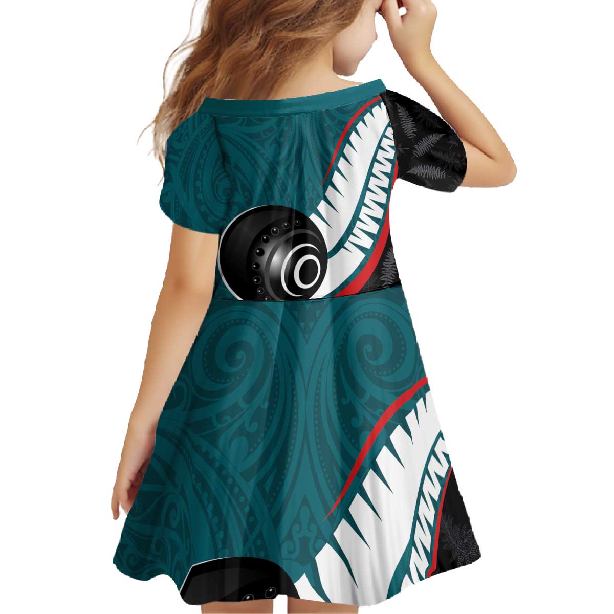 Personalised Aotearoa Lawn Bowls Family Matching Off The Shoulder Long Sleeve Dress and Hawaiian Shirt Maori and Silver Fern Sporty Style Teal Color - Polynesian Pride