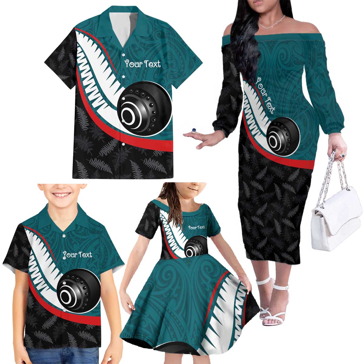 Personalised Aotearoa Lawn Bowls Family Matching Off The Shoulder Long Sleeve Dress and Hawaiian Shirt Maori and Silver Fern Sporty Style Teal Color - Polynesian Pride