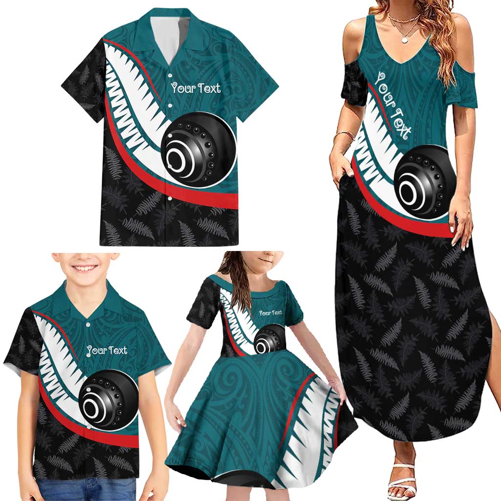 Personalised Aotearoa Lawn Bowls Family Matching Summer Maxi Dress and Hawaiian Shirt Maori and Silver Fern Sporty Style Teal Color - Polynesian Pride