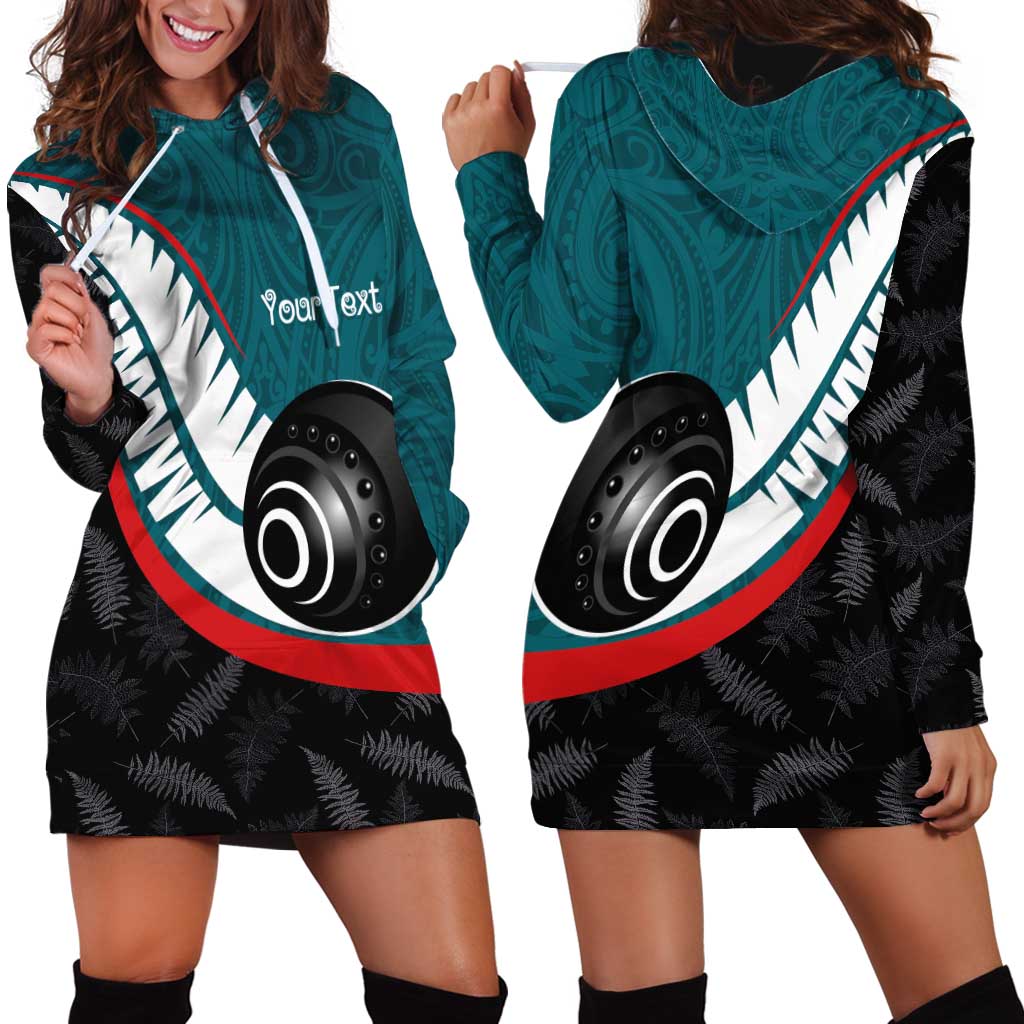 Personalised Aotearoa Lawn Bowls Hoodie Dress Maori and Silver Fern Sporty Style Teal Color - Polynesian Pride