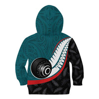 Personalised Aotearoa Lawn Bowls Kid Hoodie Maori and Silver Fern Sporty Style Teal Color - Polynesian Pride