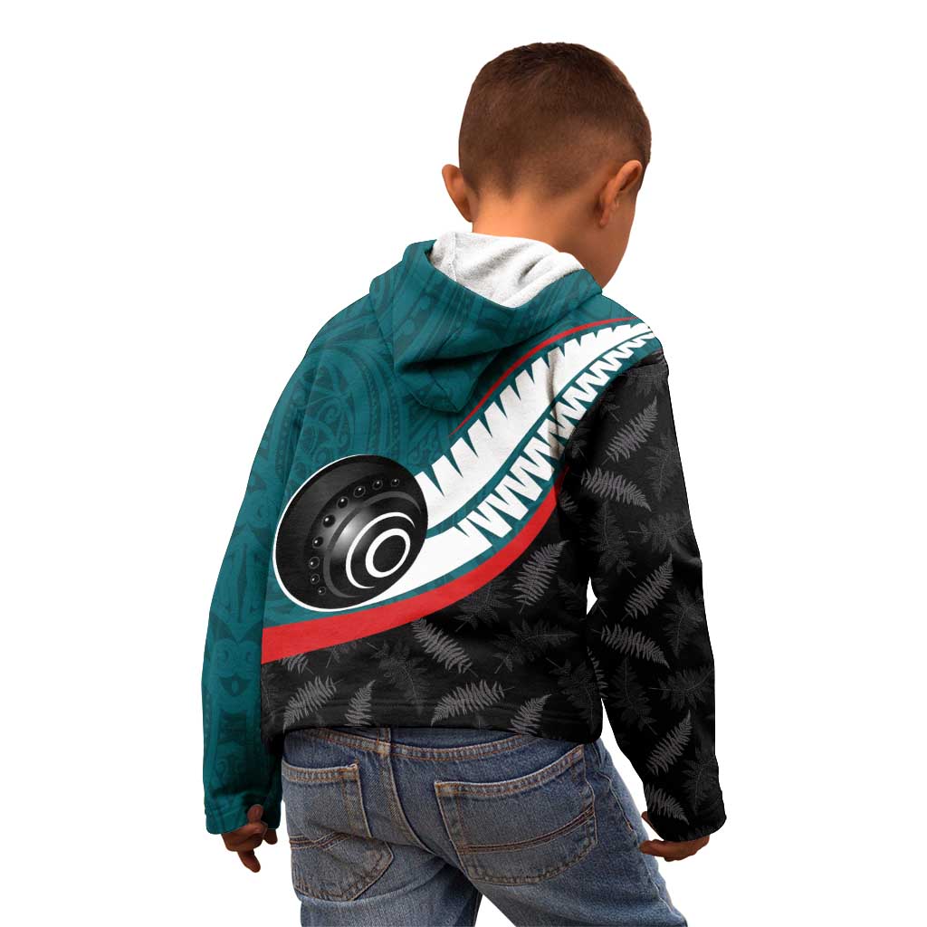 Personalised Aotearoa Lawn Bowls Kid Hoodie Maori and Silver Fern Sporty Style Teal Color - Polynesian Pride