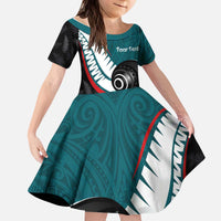 Personalised Aotearoa Lawn Bowls Kid Short Sleeve Dress Maori and Silver Fern Sporty Style Teal Color - Polynesian Pride