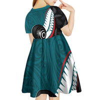 Personalised Aotearoa Lawn Bowls Kid Short Sleeve Dress Maori and Silver Fern Sporty Style Teal Color - Polynesian Pride