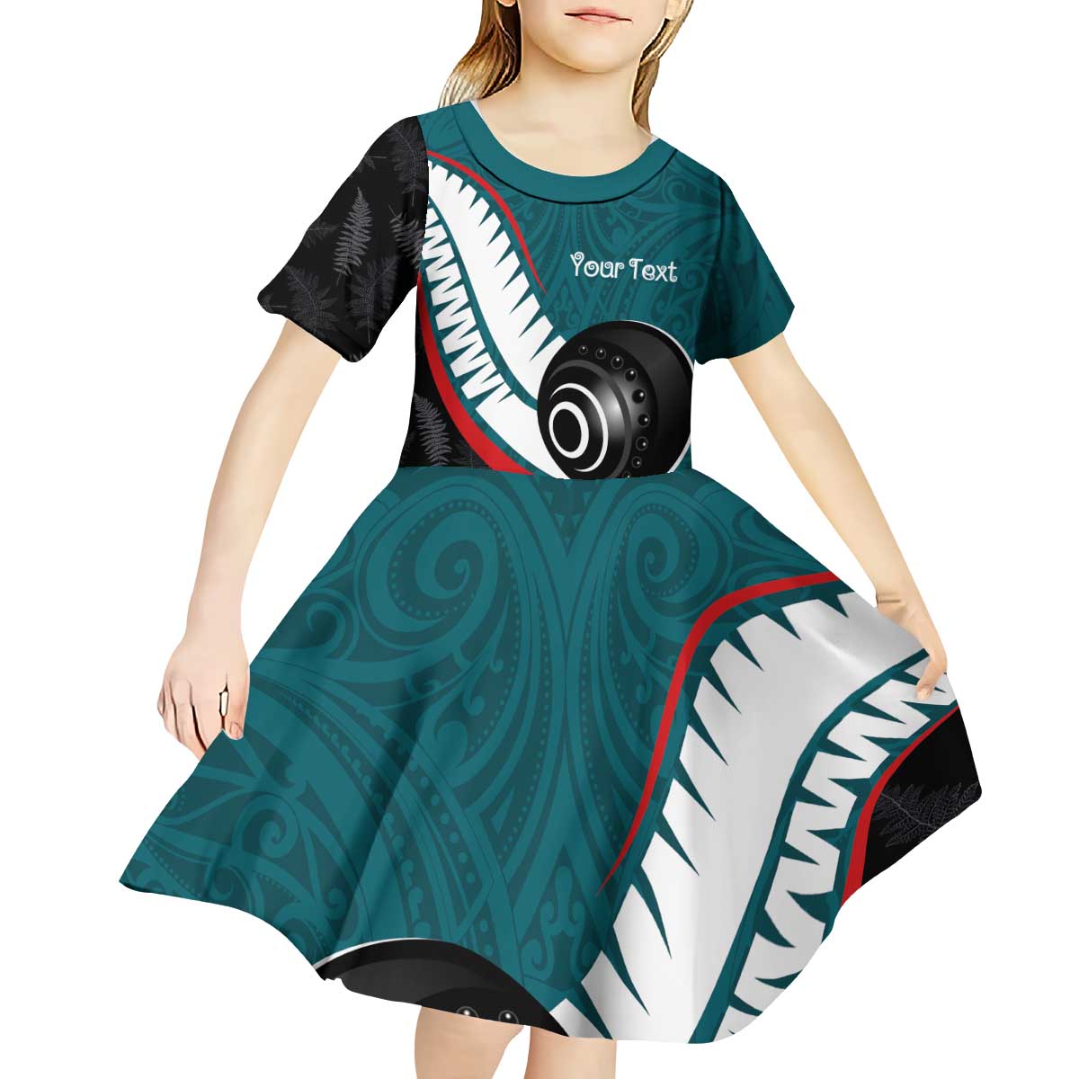 Personalised Aotearoa Lawn Bowls Kid Short Sleeve Dress Maori and Silver Fern Sporty Style Teal Color - Polynesian Pride