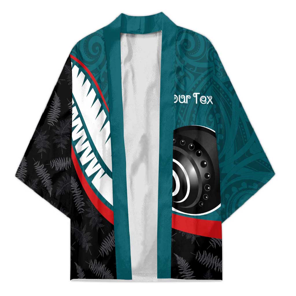 Personalised Aotearoa Lawn Bowls Kimono Maori and Silver Fern Sporty Style Teal Color - Polynesian Pride
